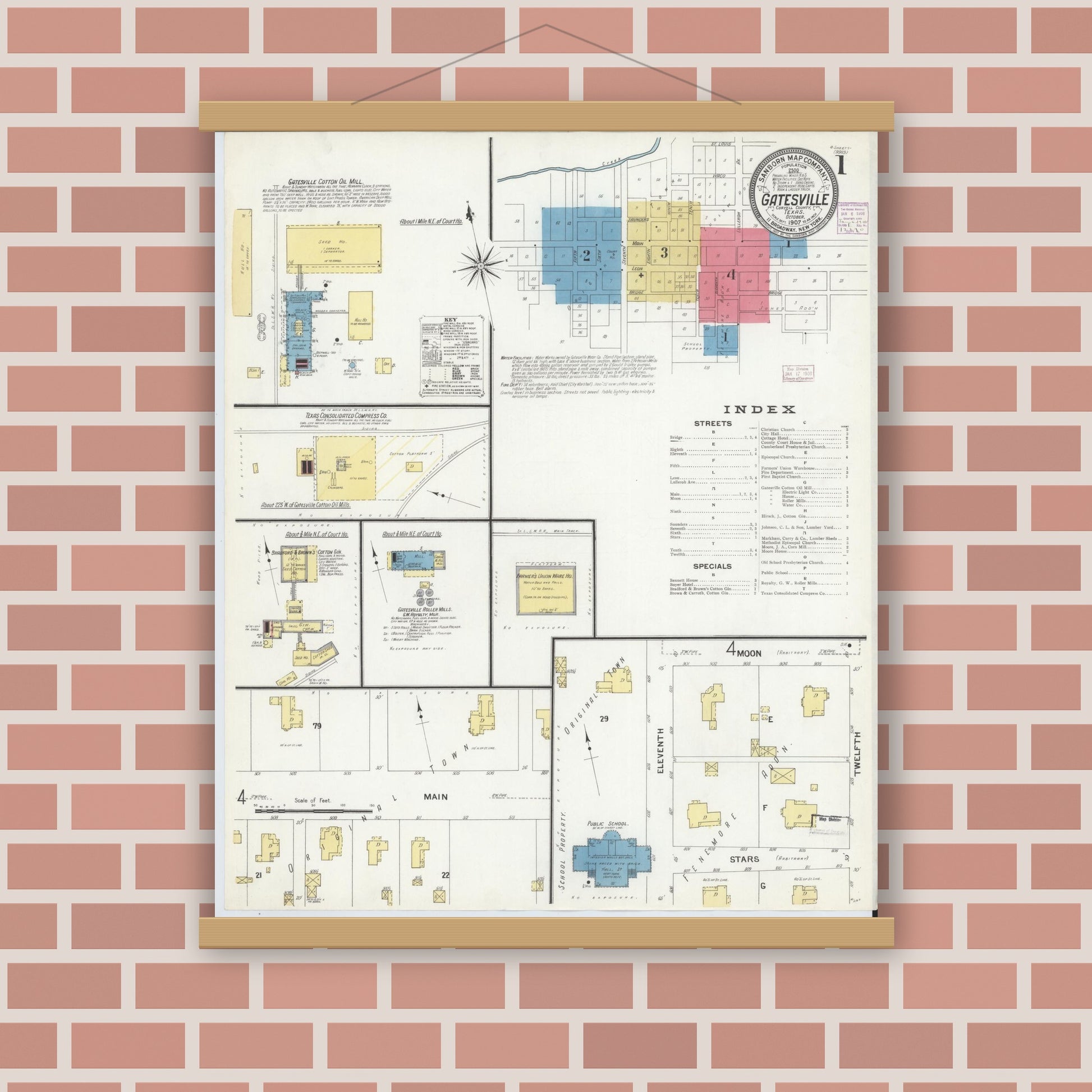 Old map wall art mockup — magnetic wood frame on brick wall — Sanborn Fire Insurance Map from Gatesville, Coryell County, Texas (1907) - Complete Map Set