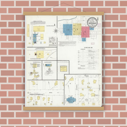 Old map wall art mockup — magnetic wood frame on brick wall — Sanborn Fire Insurance Map from Gatesville, Coryell County, Texas (1907) - Complete Map Set