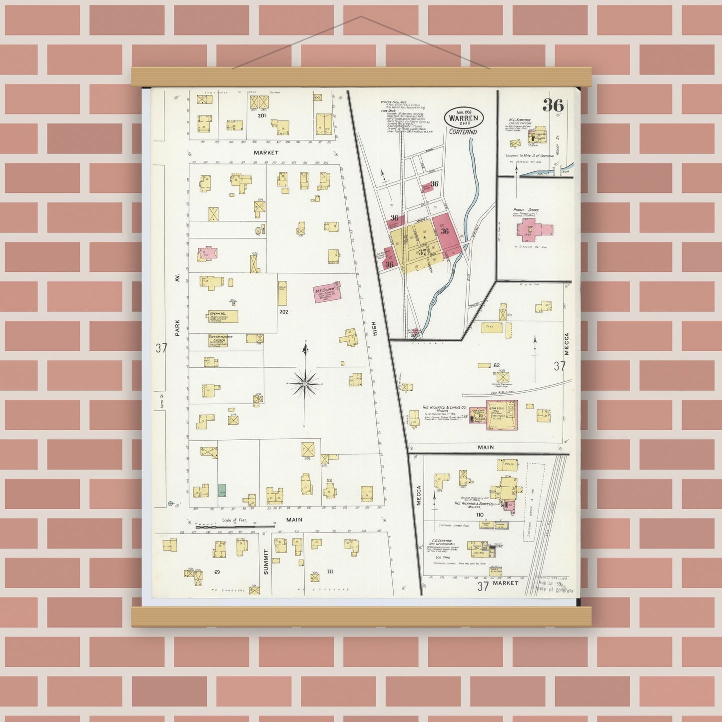 Old map wall art mockup — magnetic wood frame on brick wall — Sanborn Fire Insurance Map from Warren, Trumbull County, Ohio (1908), Sheet #0036