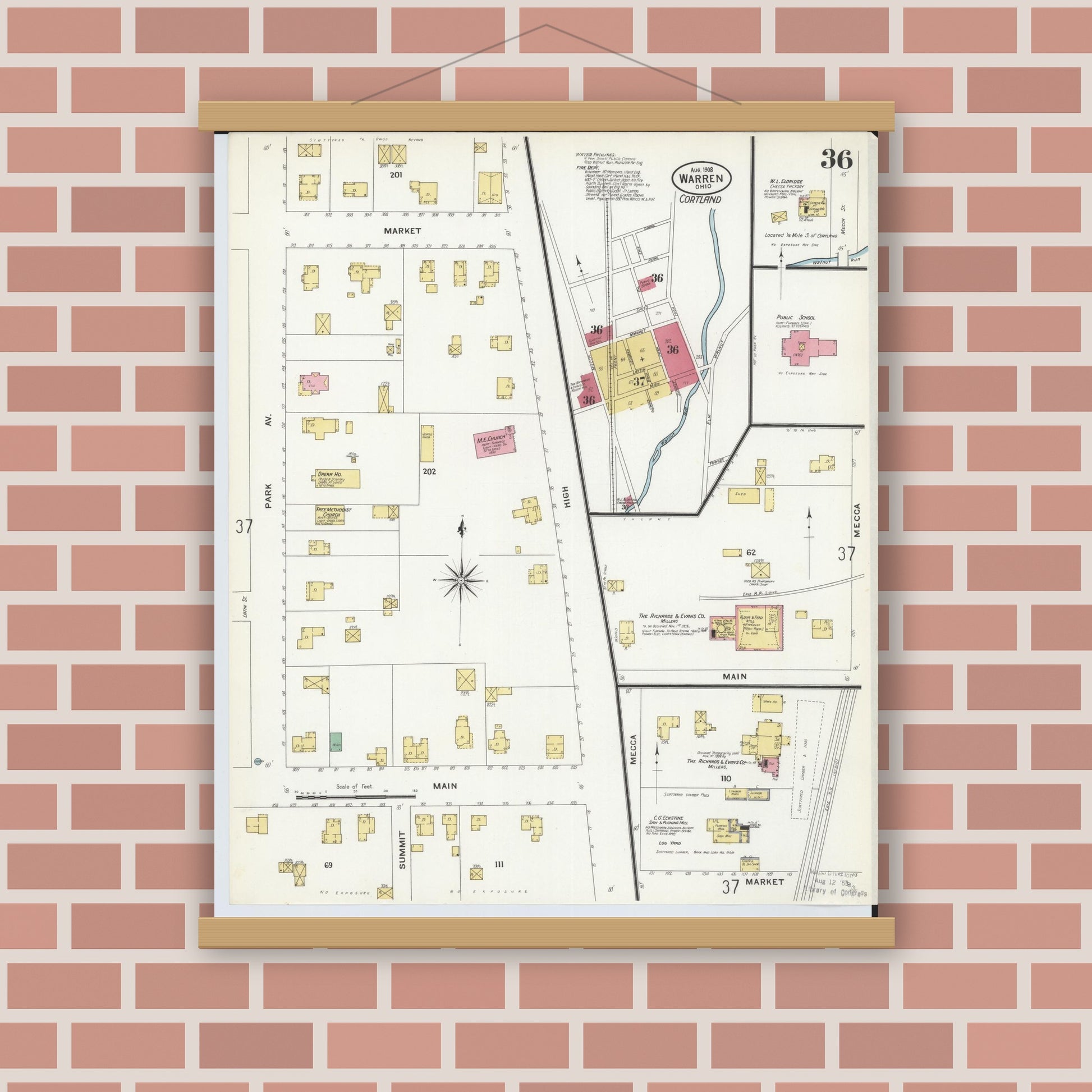Old map wall art mockup — magnetic wood frame on brick wall — Sanborn Fire Insurance Map from Warren, Trumbull County, Ohio (1908), Sheet #0036