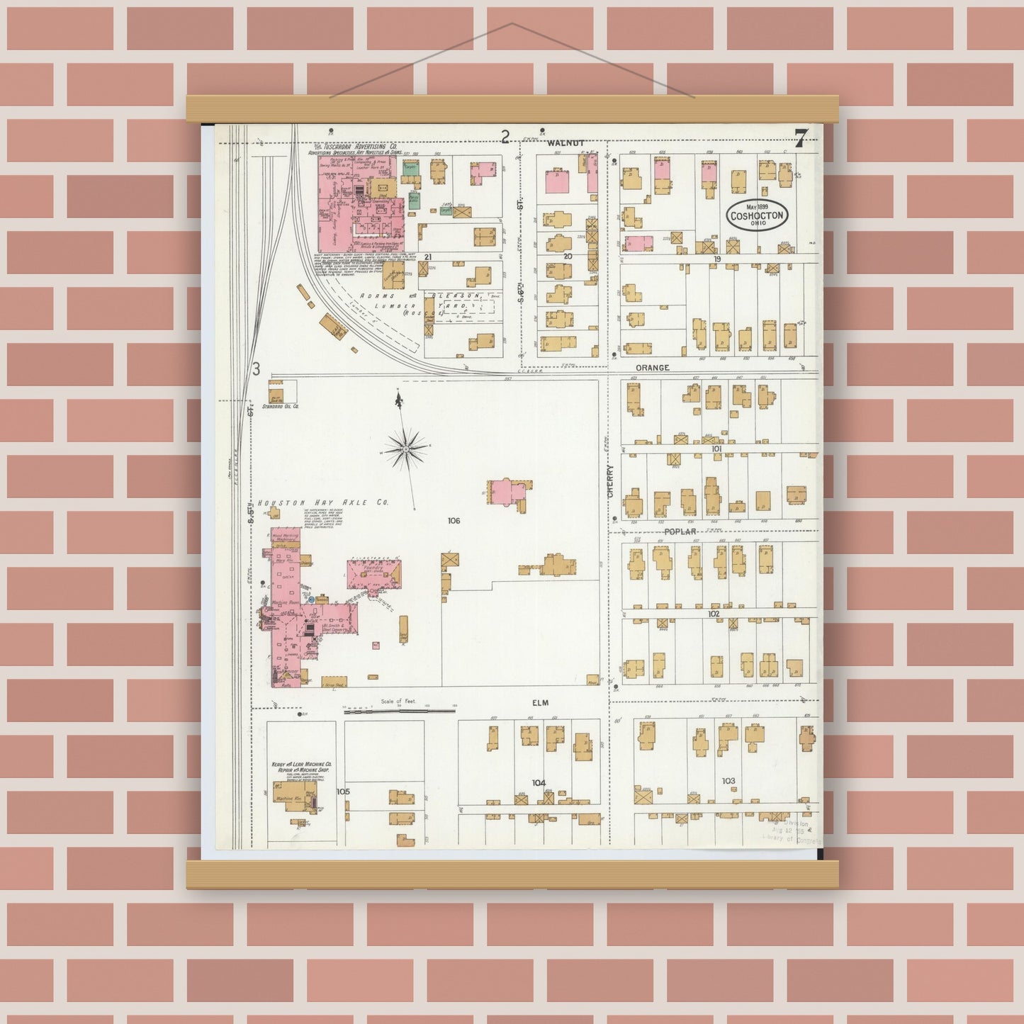 Old map wall art mockup — magnetic wood frame on brick wall — Sanborn Fire Insurance Map from Coshocton, Coshocton County, Ohio (1899), Sheet #0007