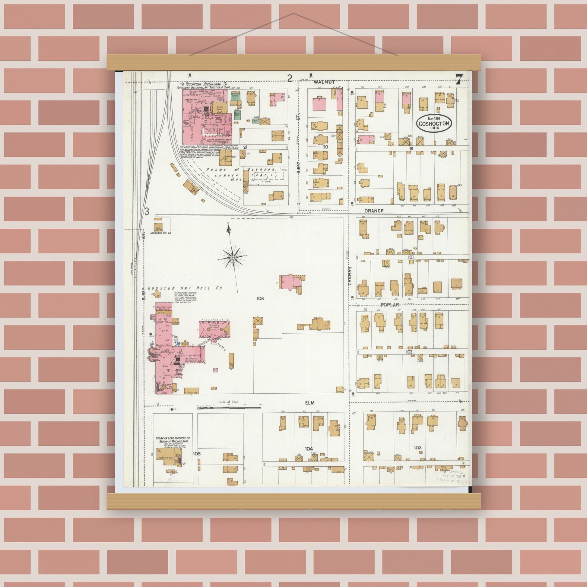 Old map wall art mockup — magnetic wood frame on brick wall — Sanborn Fire Insurance Map from Coshocton, Coshocton County, Ohio (1899), Sheet #0007