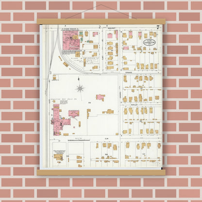 Old map wall art mockup — magnetic wood frame on brick wall — Sanborn Fire Insurance Map from Coshocton, Coshocton County, Ohio (1899), Sheet #0007