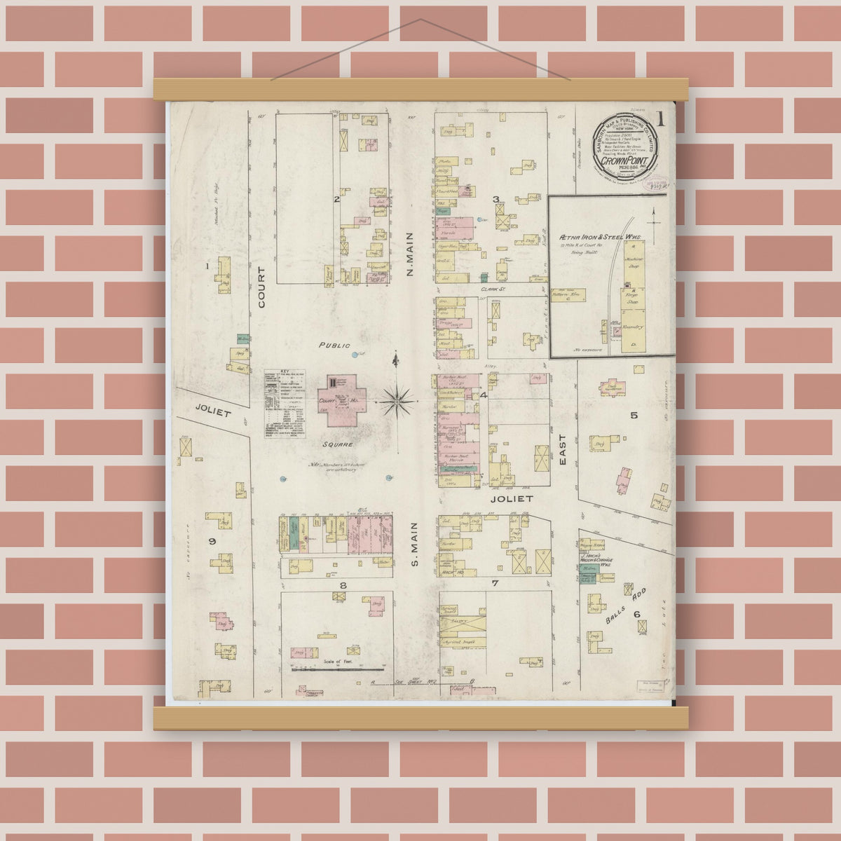 Old map wall art mockup — magnetic wood frame on brick wall — Sanborn Fire Insurance Map from Crown Point, Lake County, Indiana (1886) - Complete Map Set