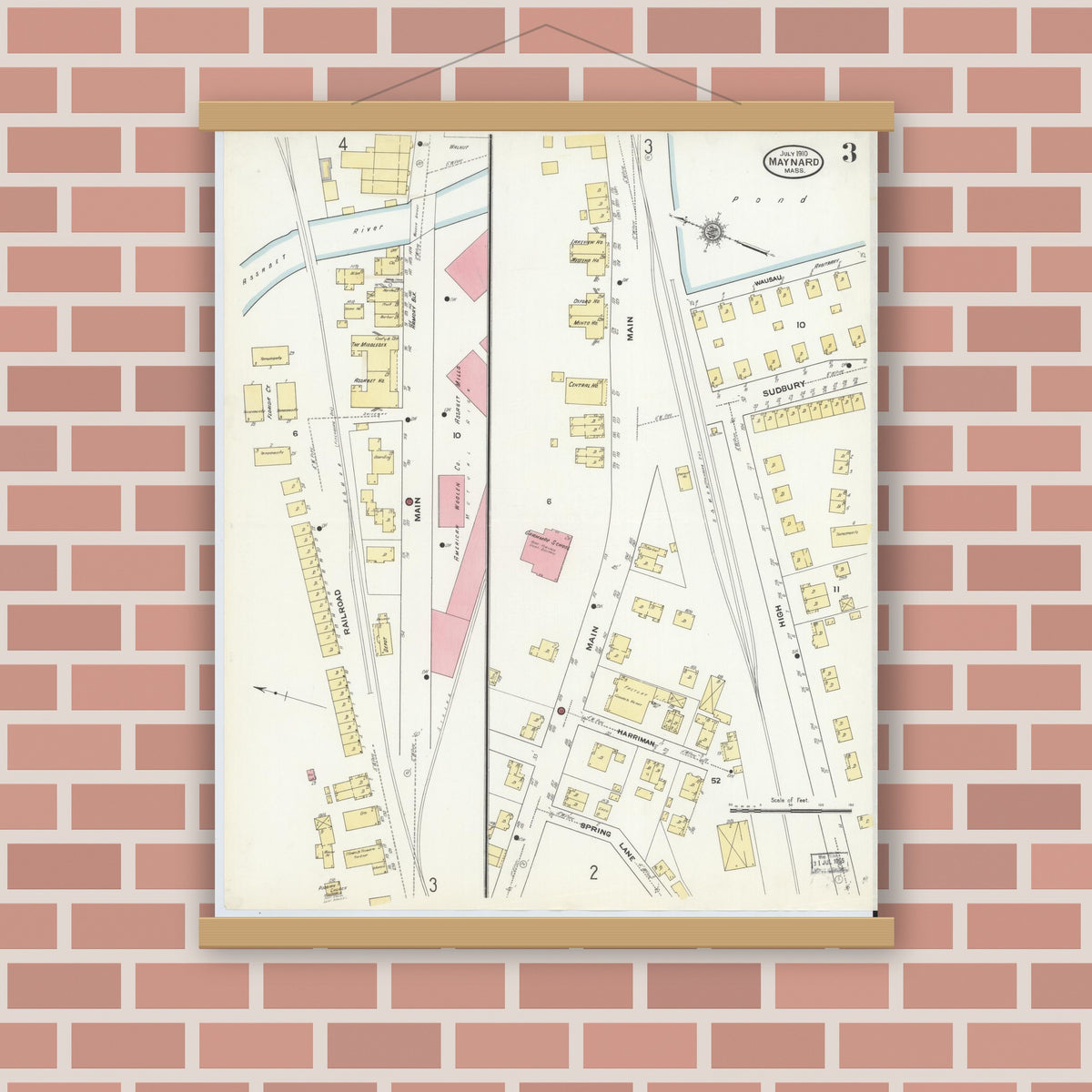Old map wall art mockup — magnetic wood frame on brick wall — Sanborn Fire Insurance Map from Maynard, Middlesex County, Massachusetts (1910), Sheet #0003