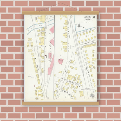 Old map wall art mockup — magnetic wood frame on brick wall — Sanborn Fire Insurance Map from Maynard, Middlesex County, Massachusetts (1910), Sheet #0003