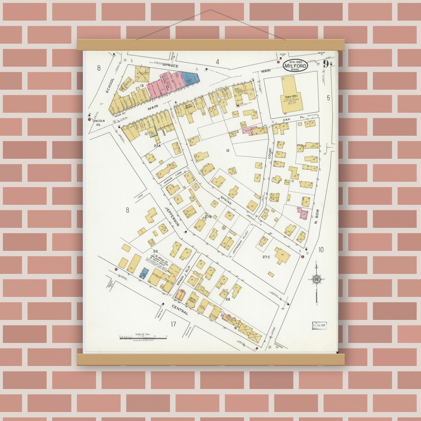 Old map wall art mockup — magnetic wood frame on brick wall — Sanborn Fire Insurance Map from Milford, Worcester County, Massachusetts (1920), Sheet #0009