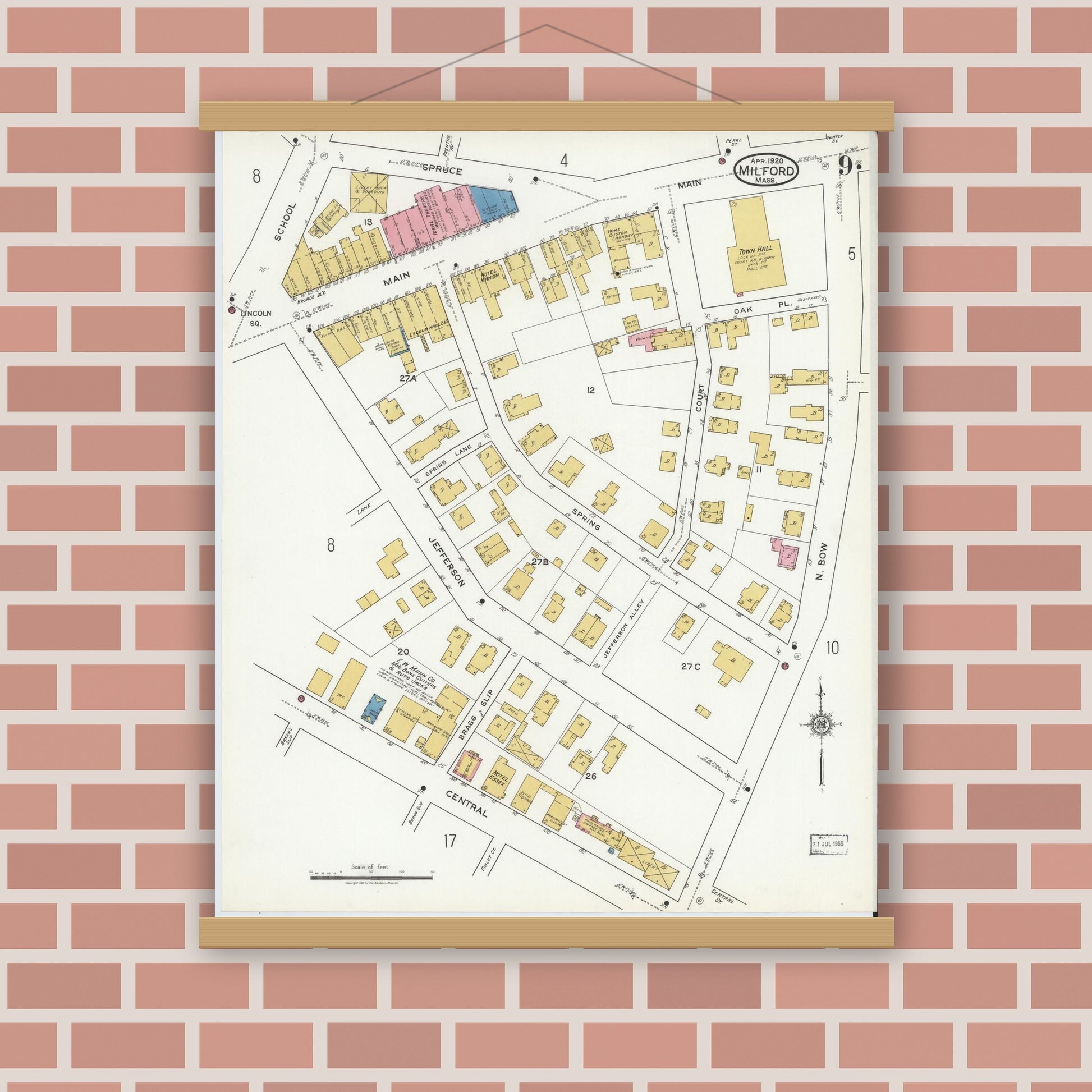 Old map wall art mockup — magnetic wood frame on brick wall — Sanborn Fire Insurance Map from Milford, Worcester County, Massachusetts (1920), Sheet #0009