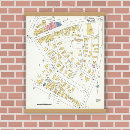 Old map wall art mockup — magnetic wood frame on brick wall — Sanborn Fire Insurance Map from Milford, Worcester County, Massachusetts (1920), Sheet #0009