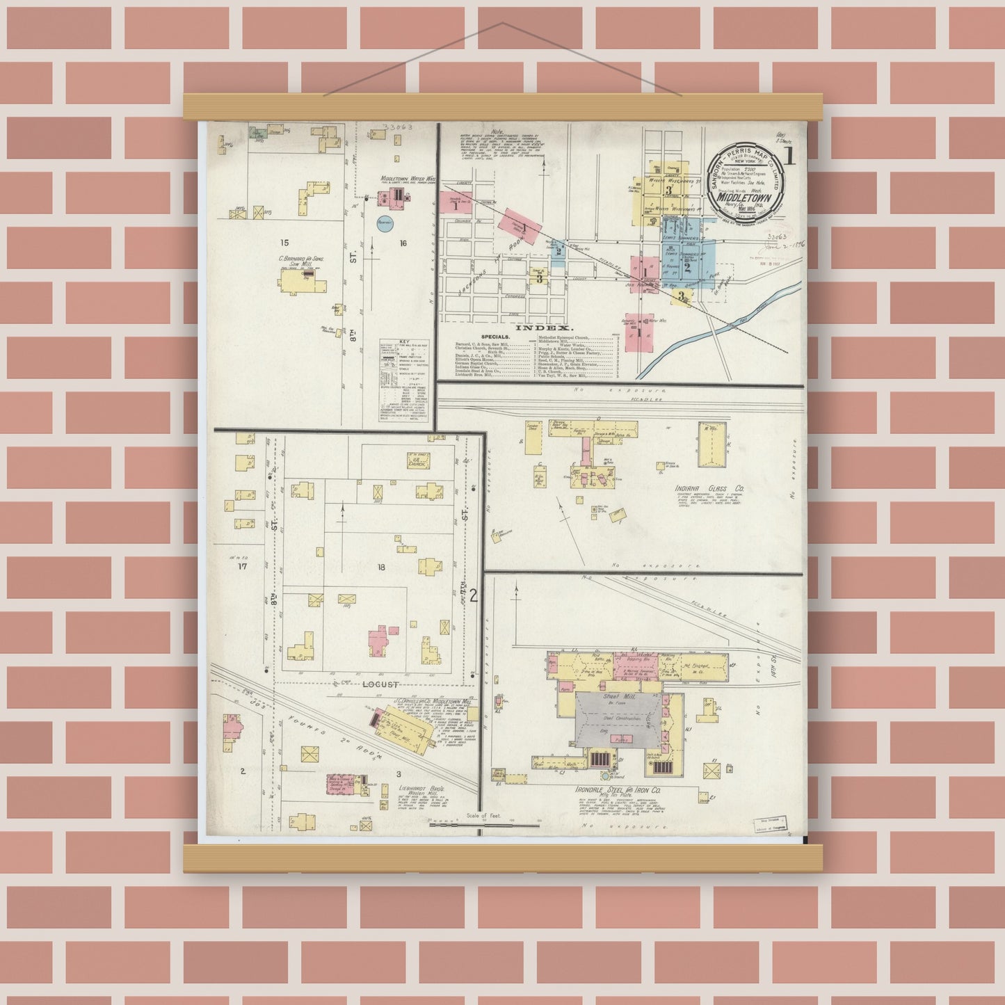 Old map wall art mockup — magnetic wood frame on brick wall — Sanborn Fire Insurance Map from Middletown, Henry County, Indiana (1896), Sheet #0001