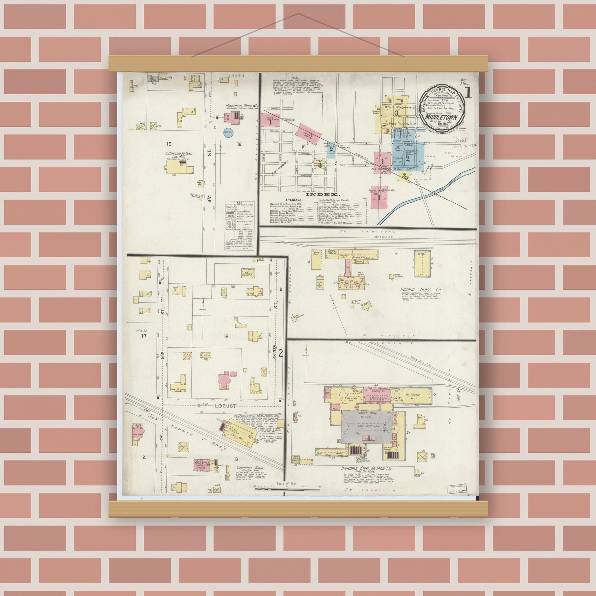 Old map wall art mockup — magnetic wood frame on brick wall — Sanborn Fire Insurance Map from Middletown, Henry County, Indiana (1896), Sheet #0001