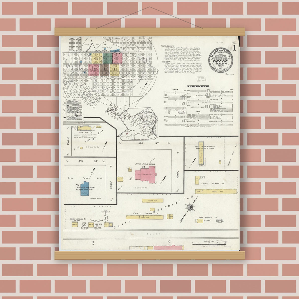 Old map wall art mockup — magnetic wood frame on brick wall — Sanborn Fire Insurance Map from Pecos, Reeves County, Texas (1921), Sheet #0001