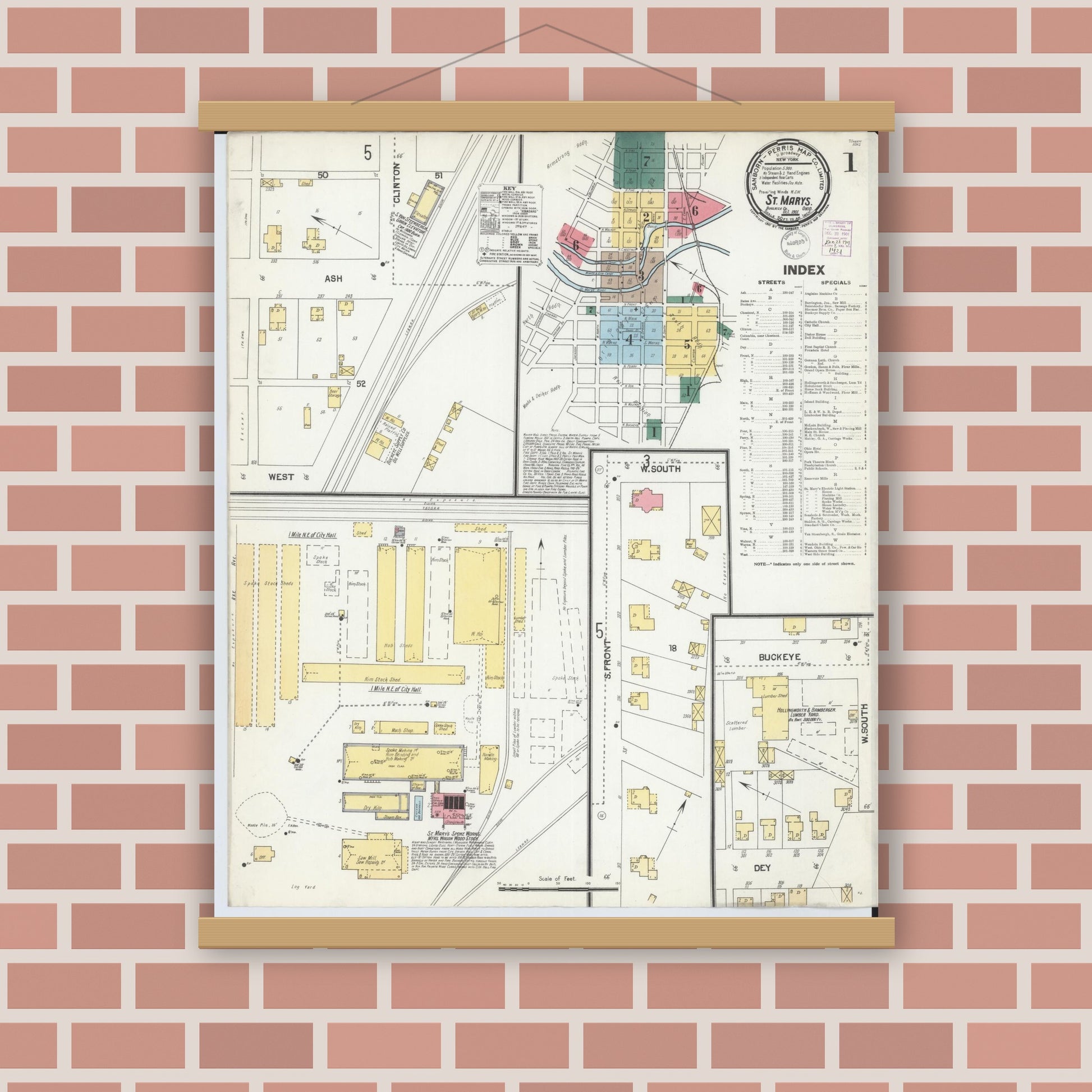 Old map wall art mockup — magnetic wood frame on brick wall — Sanborn Fire Insurance Map from Saint Marys, Auglaize County, Ohio (1901), Sheet #0001