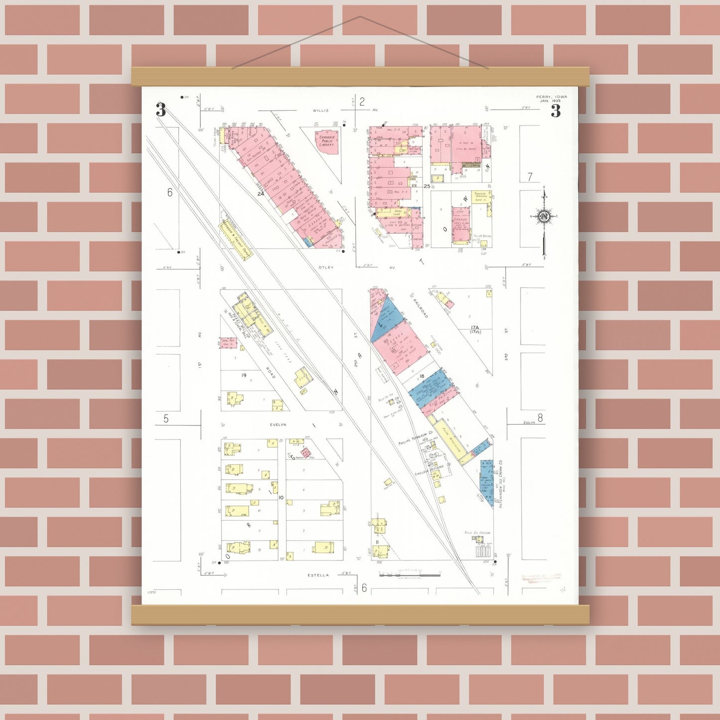 Old map wall art mockup — magnetic wood frame on brick wall — Sanborn Fire Insurance Map from Perry, Dallas County, Iowa (1933), Sheet #0003
