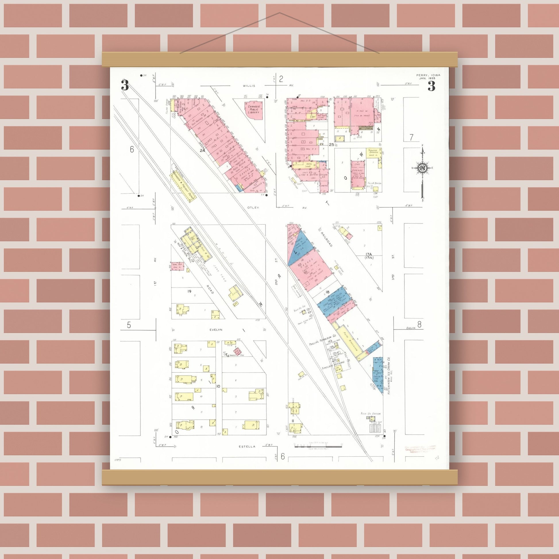Old map wall art mockup — magnetic wood frame on brick wall — Sanborn Fire Insurance Map from Perry, Dallas County, Iowa (1933), Sheet #0003