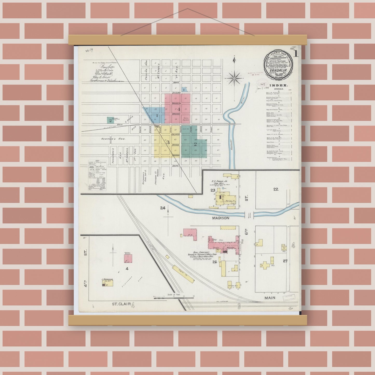 Old map wall art mockup — magnetic wood frame on brick wall — Sanborn Fire Insurance Map from Vandalia, Fayette County, Illinois (1893) - Complete Map Set