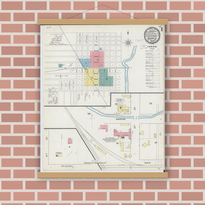 Old map wall art mockup — magnetic wood frame on brick wall — Sanborn Fire Insurance Map from Vandalia, Fayette County, Illinois (1893) - Complete Map Set