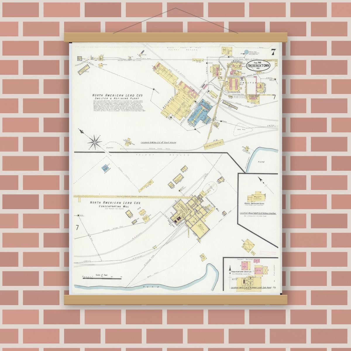 Old map wall art mockup — magnetic wood frame on brick wall — Sanborn Fire Insurance Map from Fredericktown, Madison County, Missouri (1908), Sheet #0007