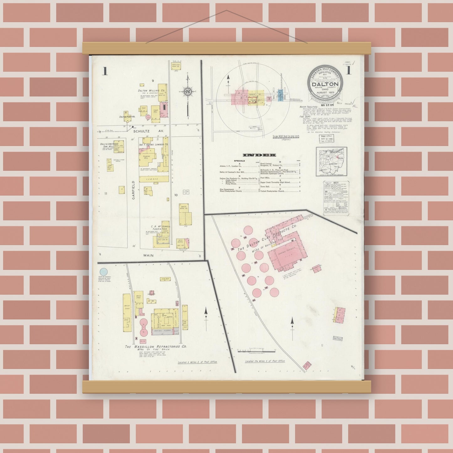 Old map wall art mockup — magnetic wood frame on brick wall — Sanborn Fire Insurance Map from Dalton, Wayne County, Ohio (1929) - Complete Map Set