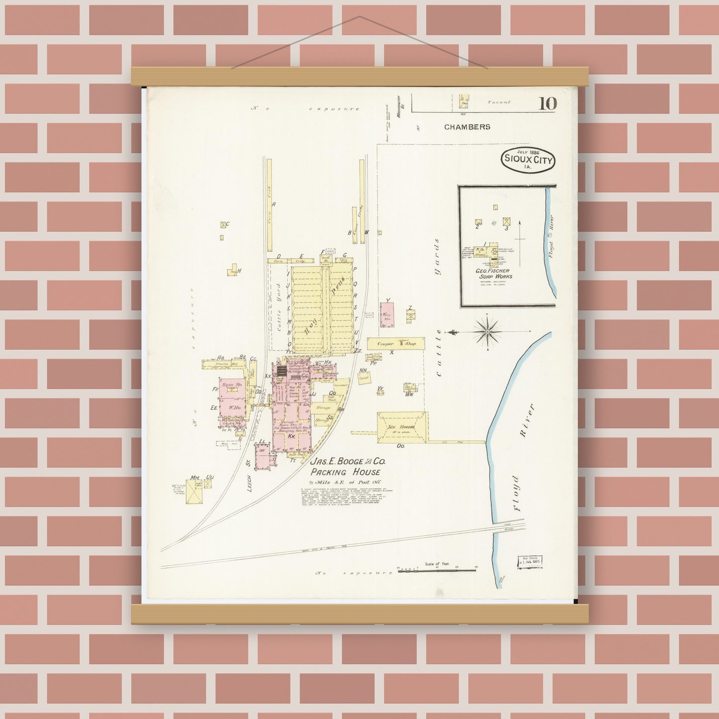 Old map wall art mockup — magnetic wood frame on brick wall — Sanborn Fire Insurance Map from Sioux City, Woodbury County, Iowa (1886), Sheet #0010