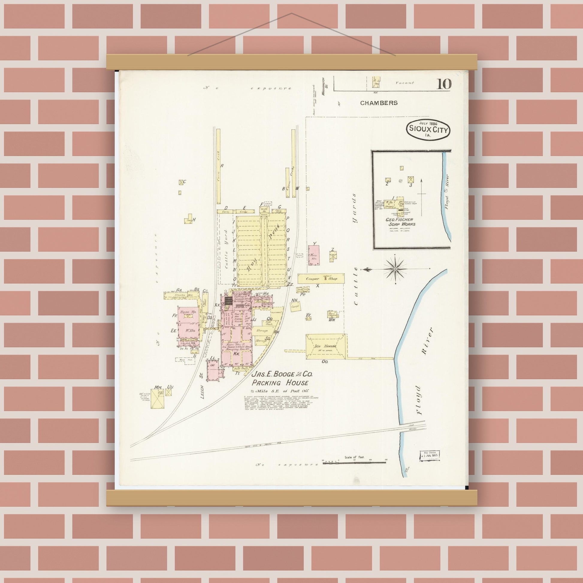 Old map wall art mockup — magnetic wood frame on brick wall — Sanborn Fire Insurance Map from Sioux City, Woodbury County, Iowa (1886), Sheet #0010