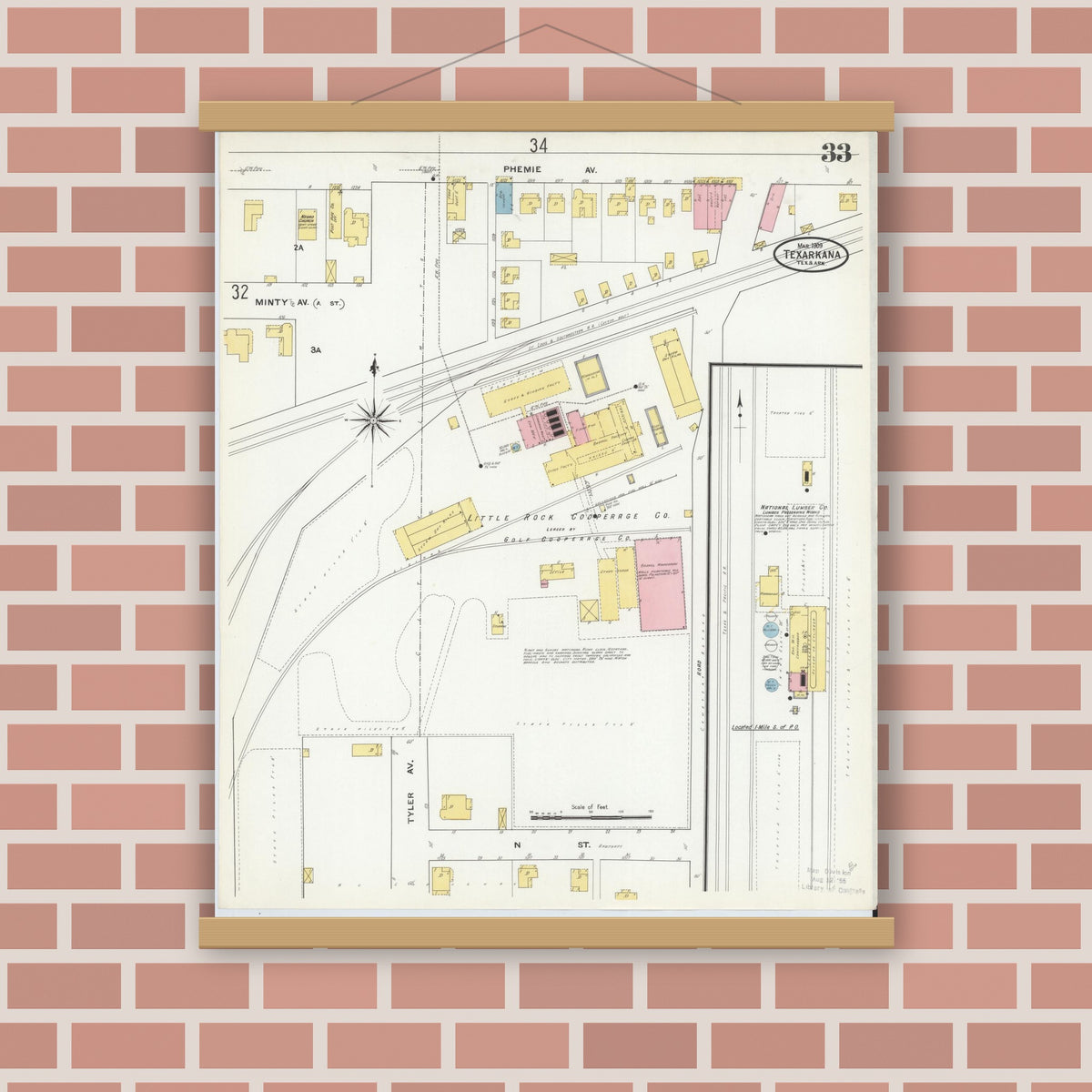 Old map wall art mockup — magnetic wood frame on brick wall — Sanborn Fire Insurance Map from Texarkana, Bowie County, Texas (1909), Sheet #0033