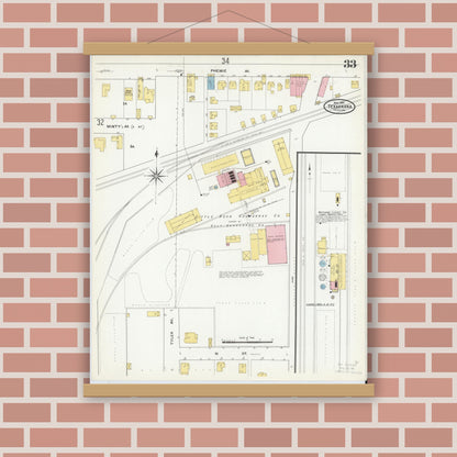 Old map wall art mockup — magnetic wood frame on brick wall — Sanborn Fire Insurance Map from Texarkana, Bowie County, Texas (1909), Sheet #0033