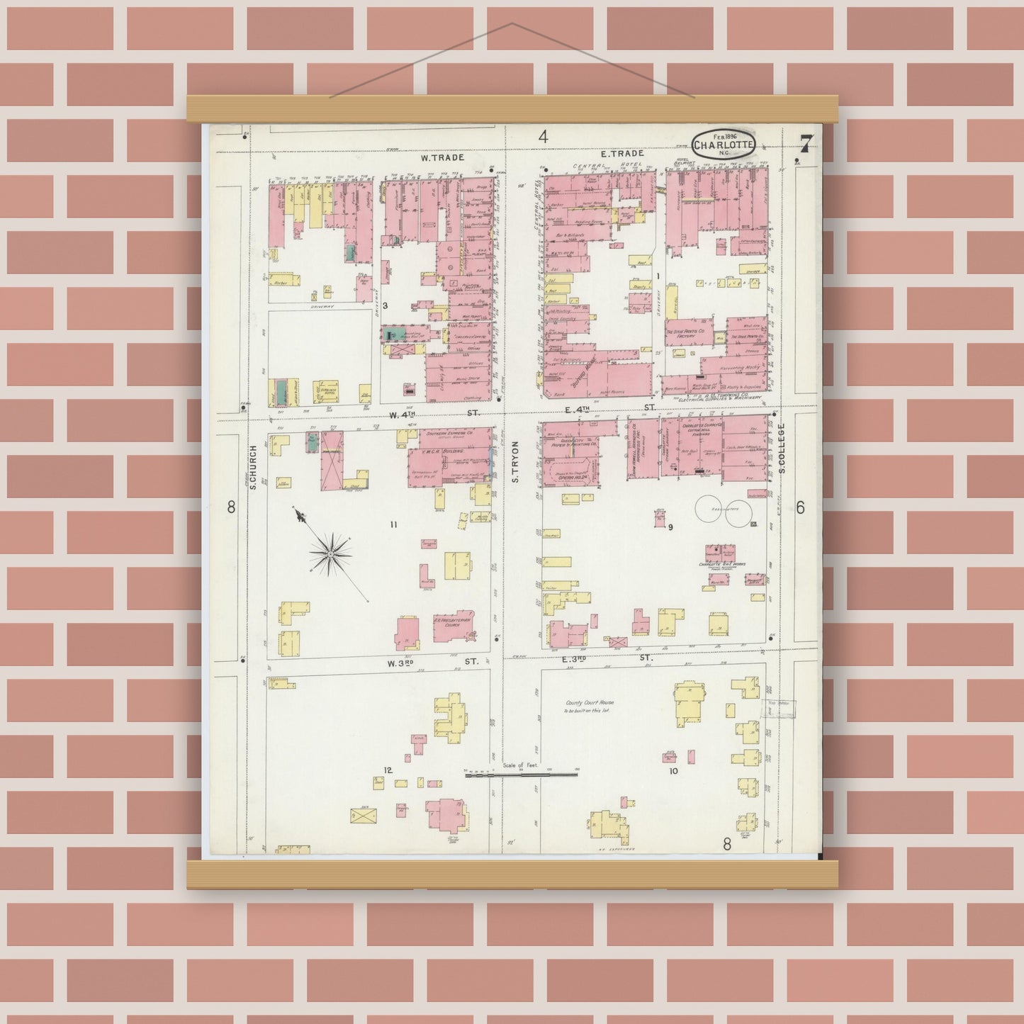 Old map wall art mockup — magnetic wood frame on brick wall — Sanborn Fire Insurance Map from Charlotte, Mecklenburg County, North Carolina (1896), Sheet #0007