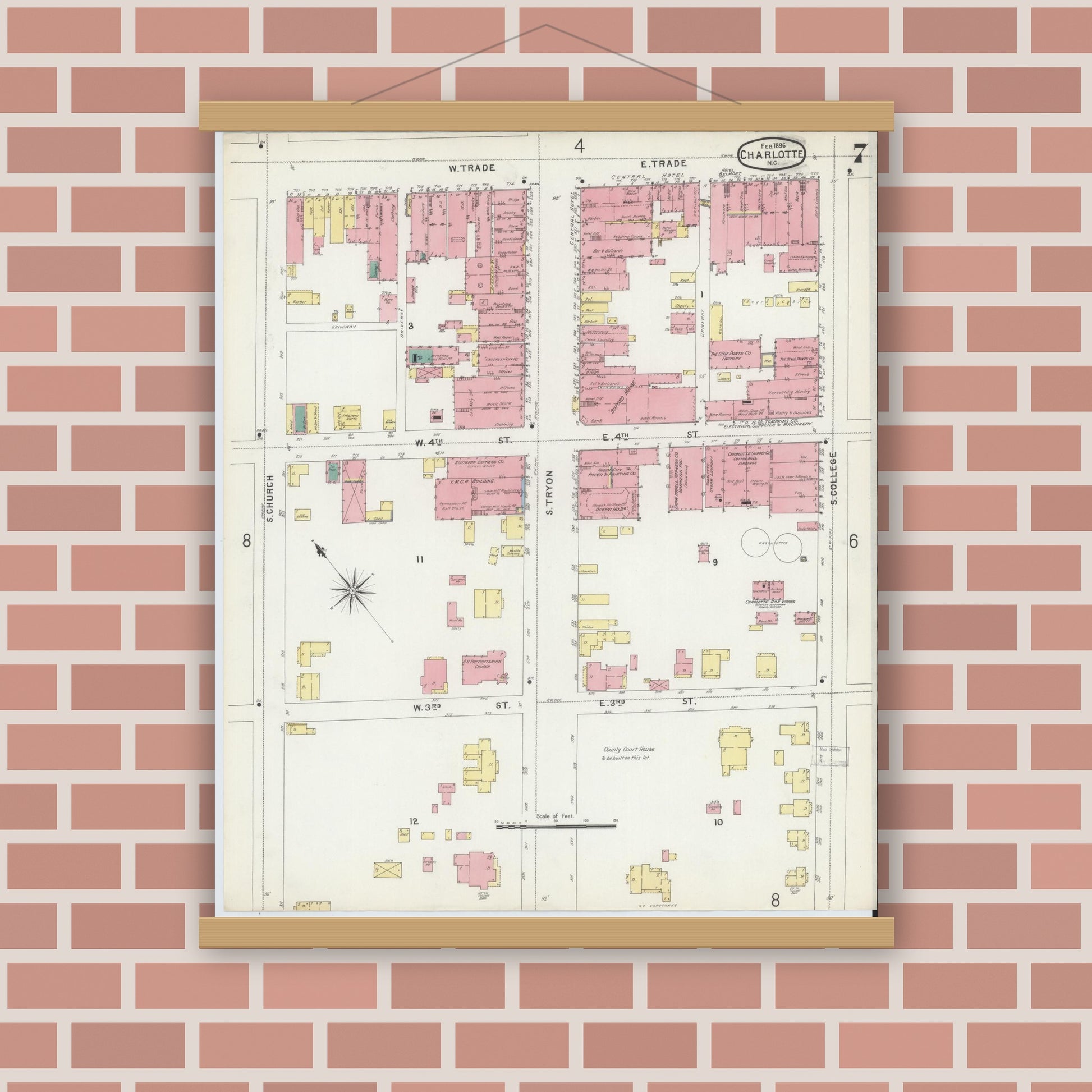 Old map wall art mockup — magnetic wood frame on brick wall — Sanborn Fire Insurance Map from Charlotte, Mecklenburg County, North Carolina (1896), Sheet #0007