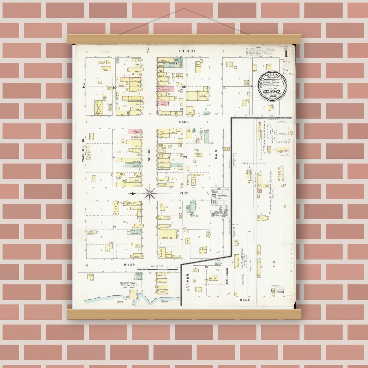 Old map wall art mockup — magnetic wood frame on brick wall — Sanborn Fire Insurance Map from Belmond, Wright County, Iowa (1896) â€” Complete Set