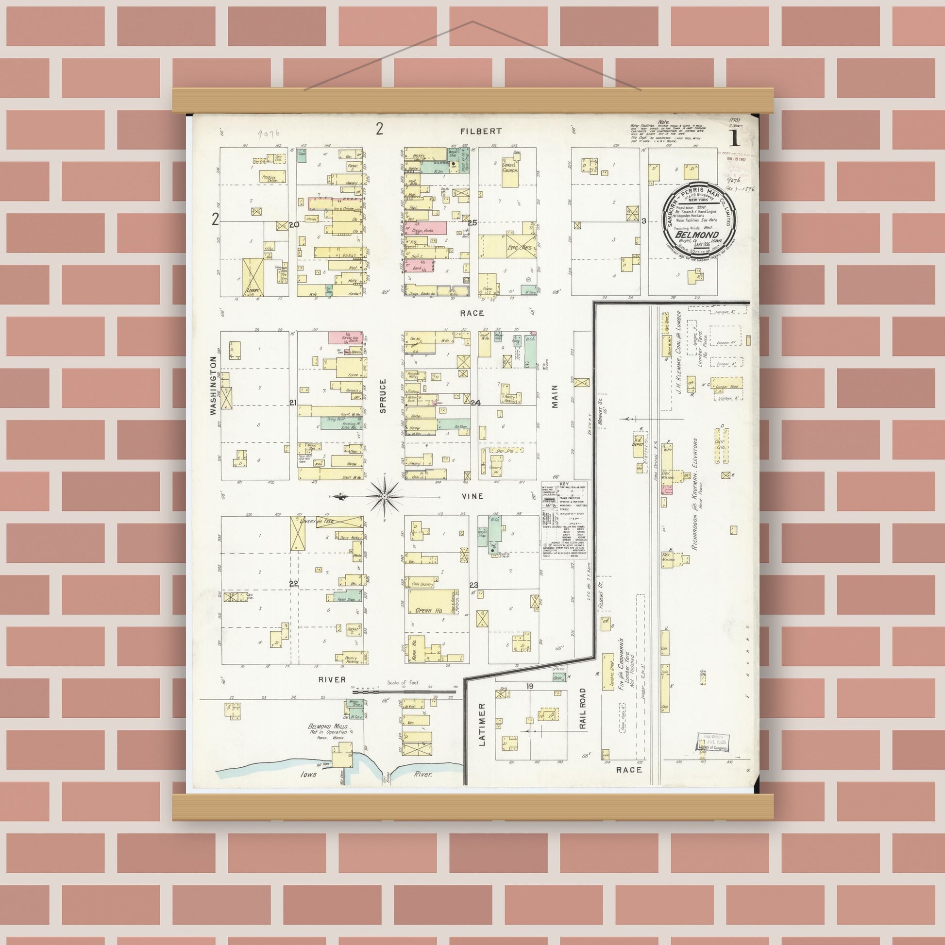 Old map wall art mockup — magnetic wood frame on brick wall — Sanborn Fire Insurance Map from Belmond, Wright County, Iowa (1896) â€” Complete Set