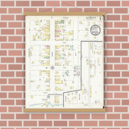Old map wall art mockup — magnetic wood frame on brick wall — Sanborn Fire Insurance Map from Belmond, Wright County, Iowa (1896) â€” Complete Set
