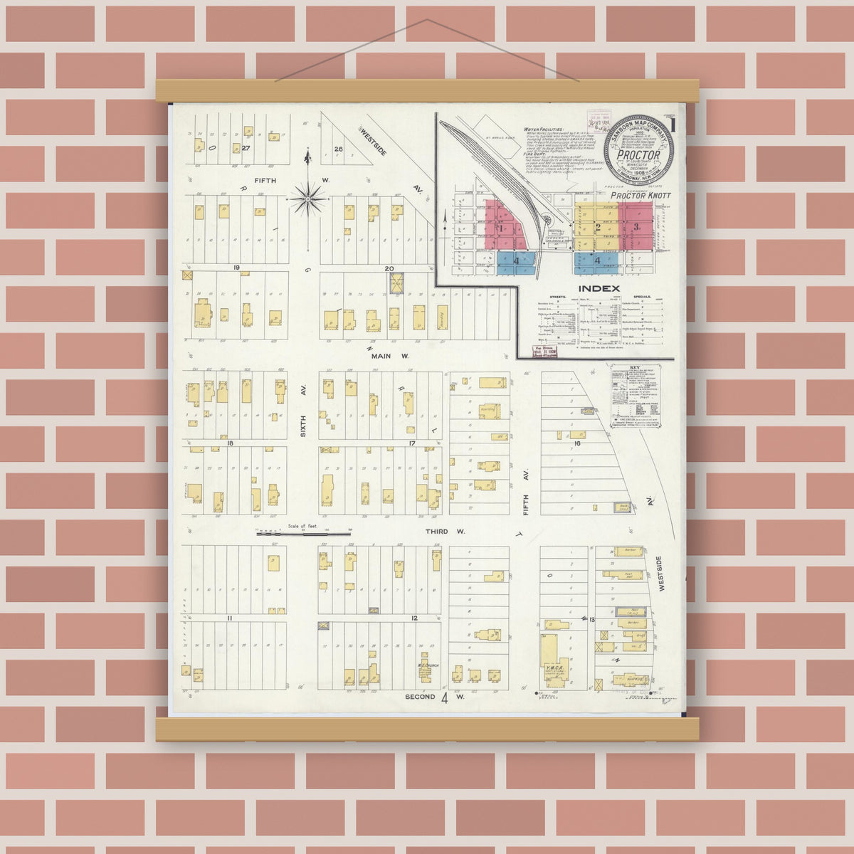 Old map wall art mockup — magnetic wood frame on brick wall — Sanborn Fire Insurance Map from Proctor, Saint Louis County, Minnesota (1908), Sheet #0001