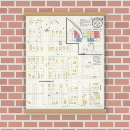 Old map wall art mockup — magnetic wood frame on brick wall — Sanborn Fire Insurance Map from Proctor, Saint Louis County, Minnesota (1908), Sheet #0001