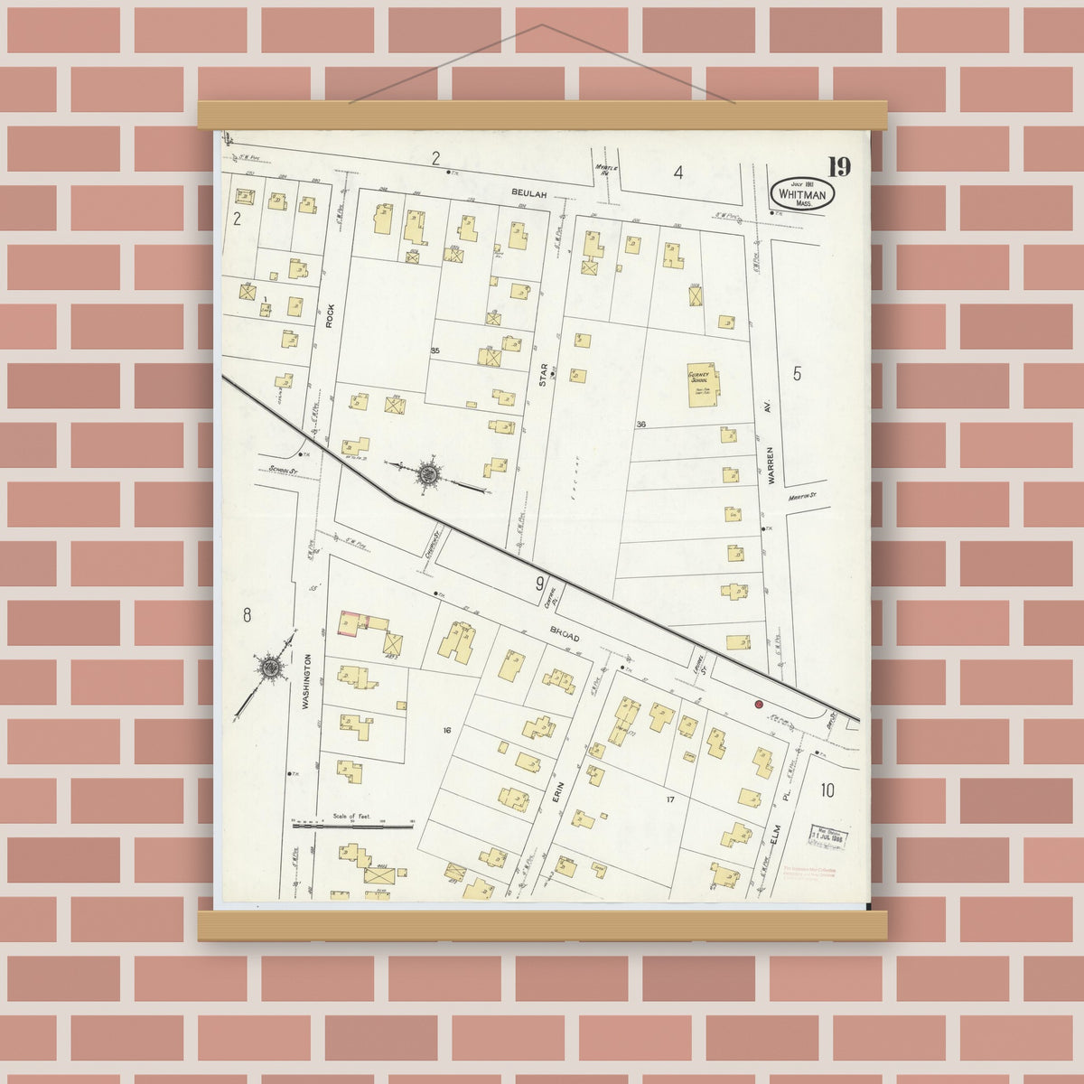 Old map wall art mockup — magnetic wood frame on brick wall — Sanborn Fire Insurance Map from Whitman, Plymouth County, Massachusetts (1911), Sheet #0019