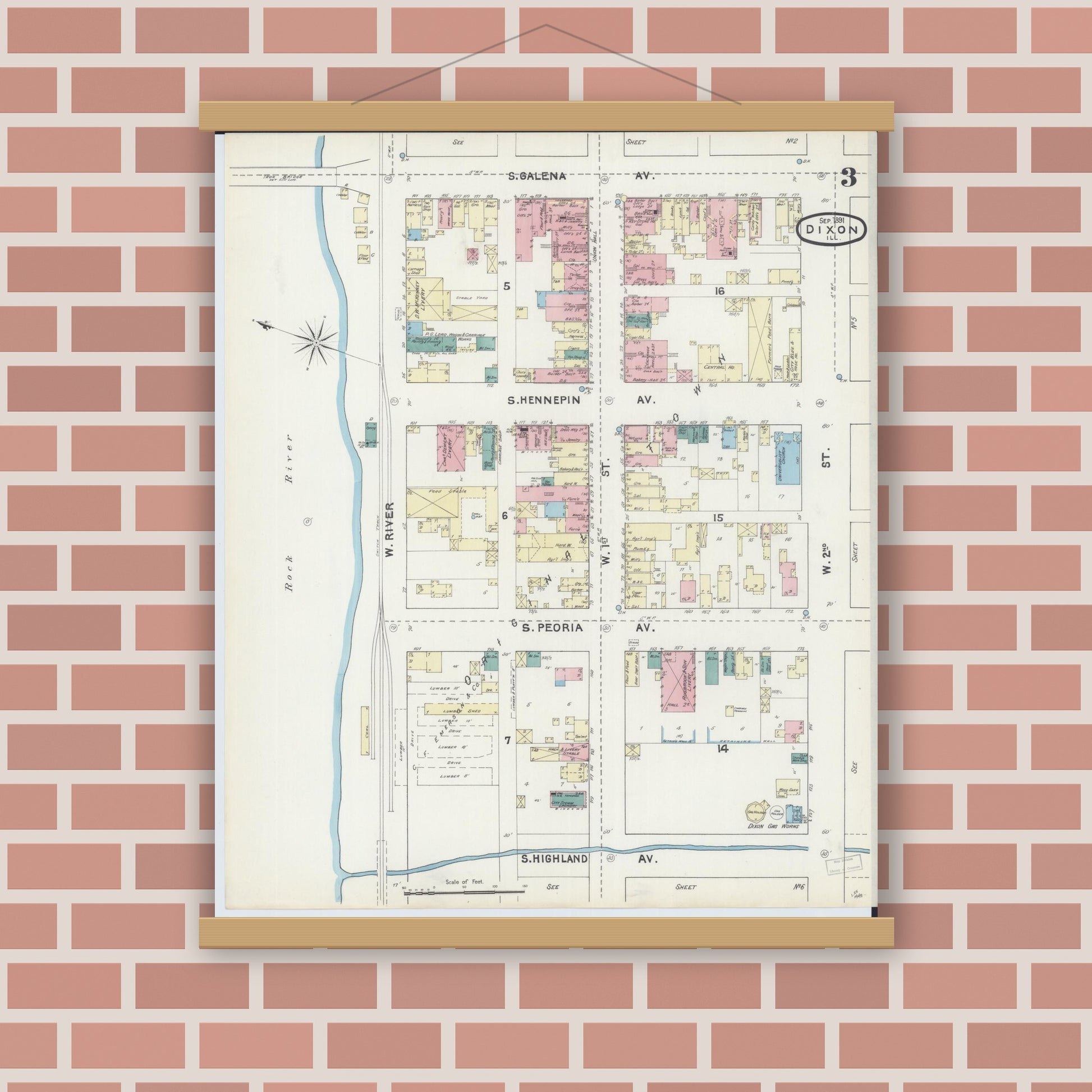 Old map wall art mockup — magnetic wood frame on brick wall — Sanborn Fire Insurance Map from Dixon, Lee County, Illinois (1891), Sheet #0003