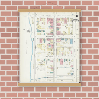 Old map wall art mockup — magnetic wood frame on brick wall — Sanborn Fire Insurance Map from Dixon, Lee County, Illinois (1891), Sheet #0003