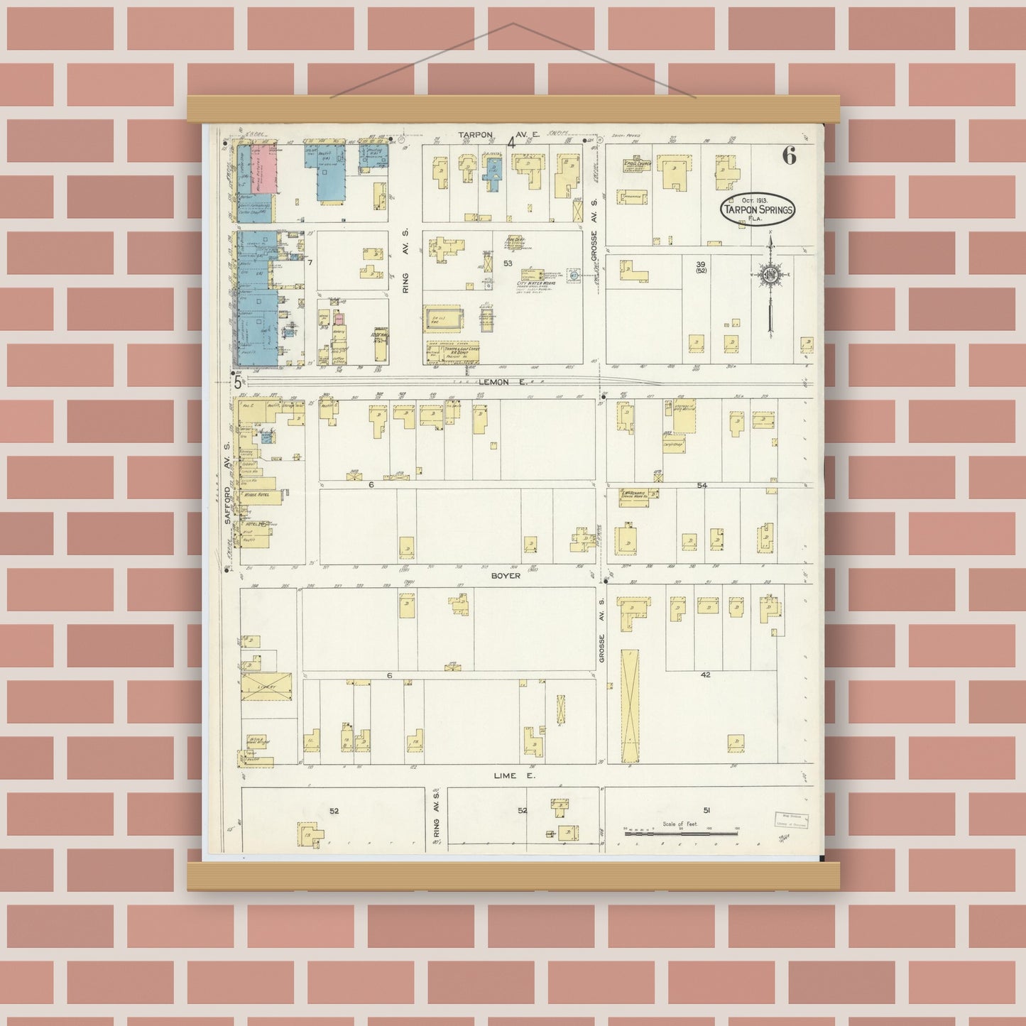 Old map wall art mockup — magnetic wood frame on brick wall — Sanborn Fire Insurance Map from Tarpon Springs, Pinellas County, Florida (1913), Sheet #0006