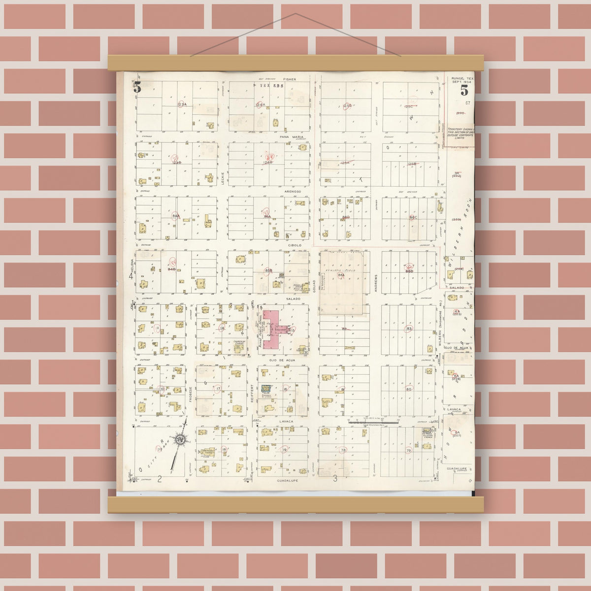 Old map wall art mockup — magnetic wood frame on brick wall — Sanborn Fire Insurance Map from Runge, Karnes County, Texas (1944), Sheet #0005
