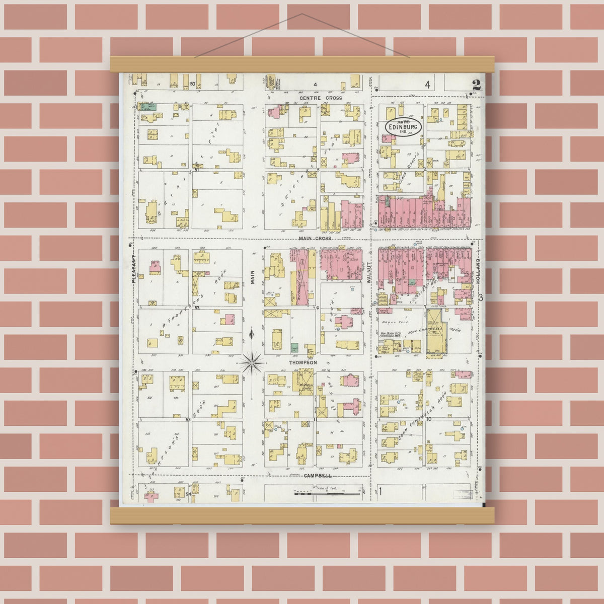 Old map wall art mockup — magnetic wood frame on brick wall — Sanborn Fire Insurance Map from Edinburg, Johnson And Bartholomew Counties, Indiana (1899), Sheet #0002