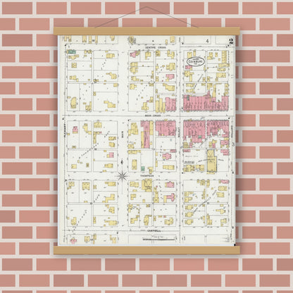 Old map wall art mockup — magnetic wood frame on brick wall — Sanborn Fire Insurance Map from Edinburg, Johnson And Bartholomew Counties, Indiana (1899), Sheet #0002