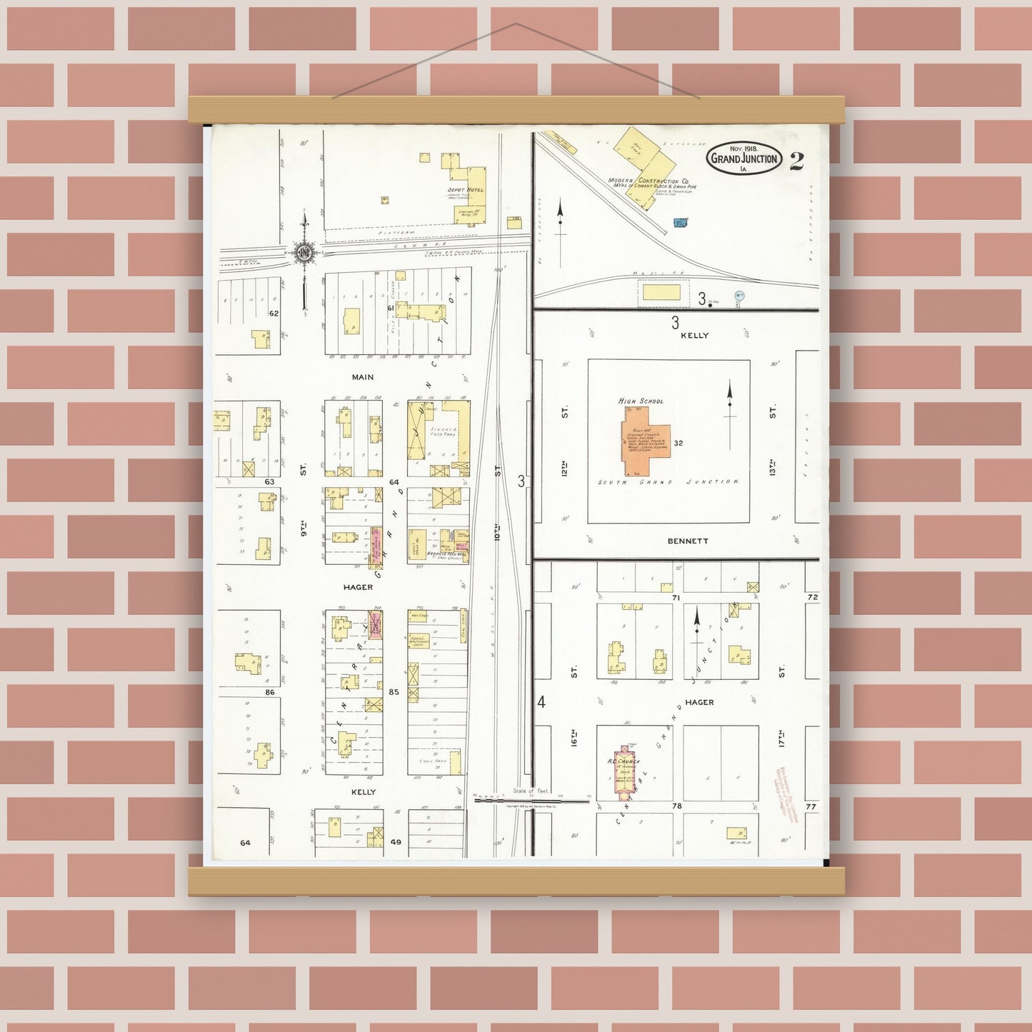 Old map wall art mockup — magnetic wood frame on brick wall — Sanborn Fire Insurance Map from Grand Junction, Greene County, Iowa (1918), Sheet #0002