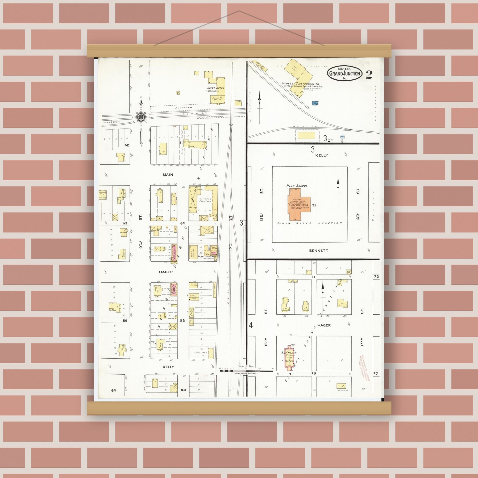 Old map wall art mockup — magnetic wood frame on brick wall — Sanborn Fire Insurance Map from Grand Junction, Greene County, Iowa (1918), Sheet #0002