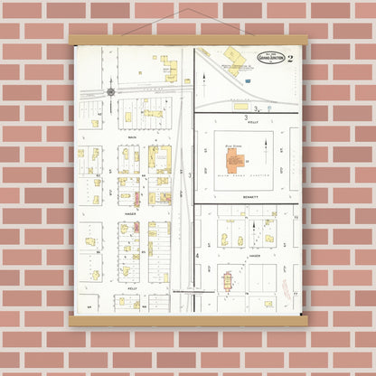 Old map wall art mockup — magnetic wood frame on brick wall — Sanborn Fire Insurance Map from Grand Junction, Greene County, Iowa (1918), Sheet #0002