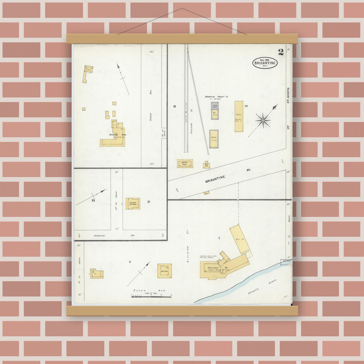 Old map wall art mockup — magnetic wood frame on brick wall — Sanborn Fire Insurance Map from Brigantine, Atlantic County, New Jersey (1906), Sheet #0002