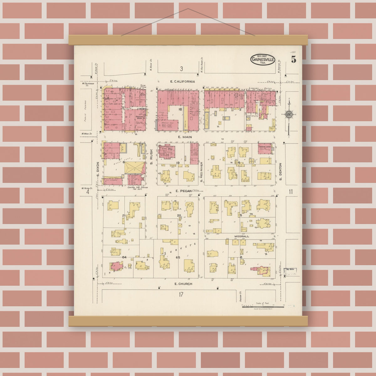 Old map wall art mockup — magnetic wood frame on brick wall — Sanborn Fire Insurance Map from Gainesville, Cooke County, Texas (1922), Sheet #0005