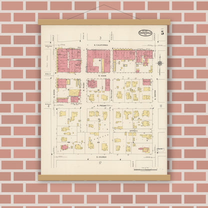 Old map wall art mockup — magnetic wood frame on brick wall — Sanborn Fire Insurance Map from Gainesville, Cooke County, Texas (1922), Sheet #0005