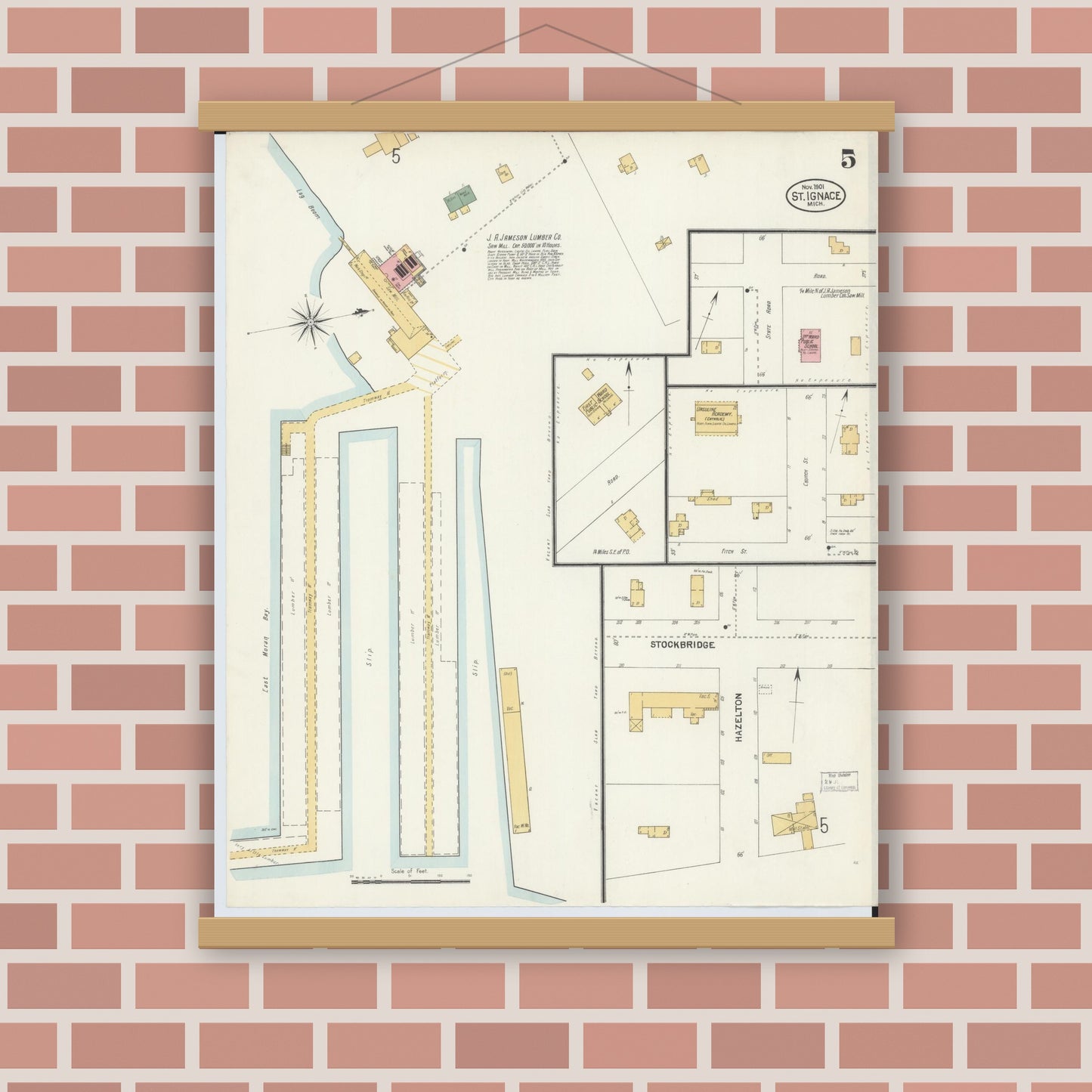 Old map wall art mockup — magnetic wood frame on brick wall — Sanborn Fire Insurance Map from Saint Ignace, Mackinac County, Michigan (1901), Sheet #0005
