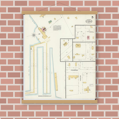 Old map wall art mockup — magnetic wood frame on brick wall — Sanborn Fire Insurance Map from Saint Ignace, Mackinac County, Michigan (1901), Sheet #0005