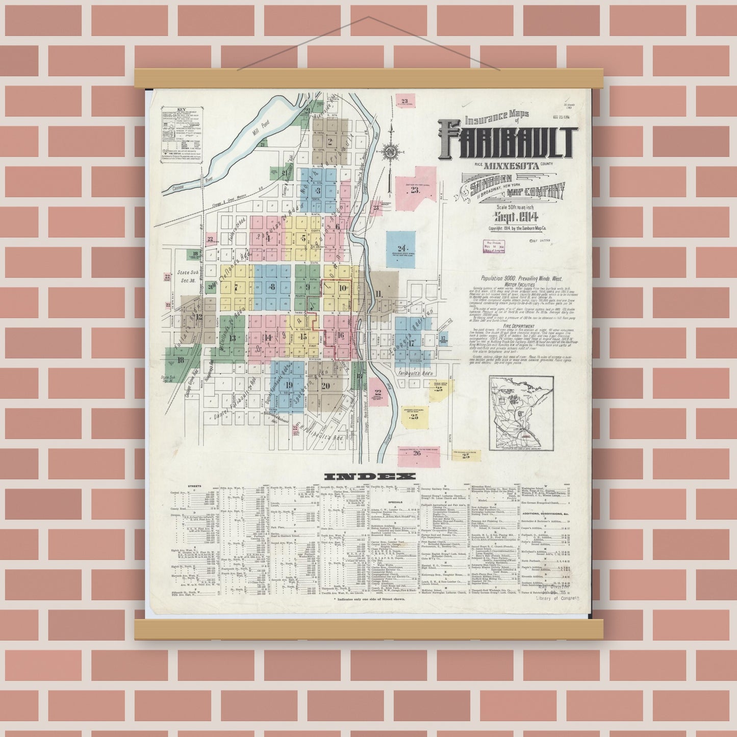 Old map wall art mockup — magnetic wood frame on brick wall — Sanborn Fire Insurance Map from Faribault, Rice County, Minnesota (1914), Sheet #0001